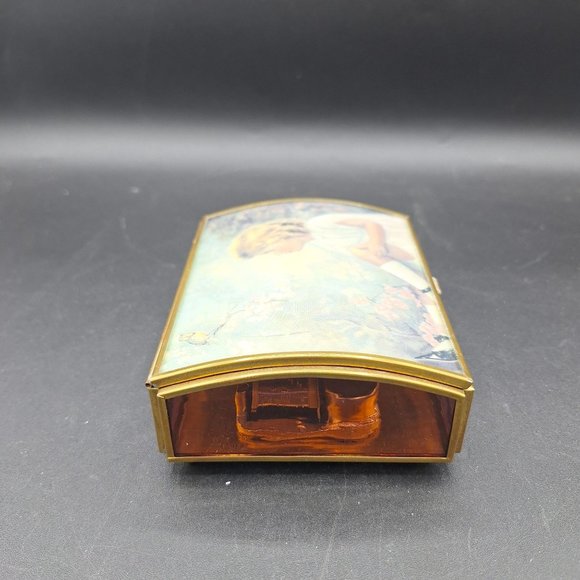 VINTAGE VIA VERMONT LTD GLASS & BRASS GIRL FLOWERS BIRD MUSIC JEWELRY BOX - Picture 5 of 14